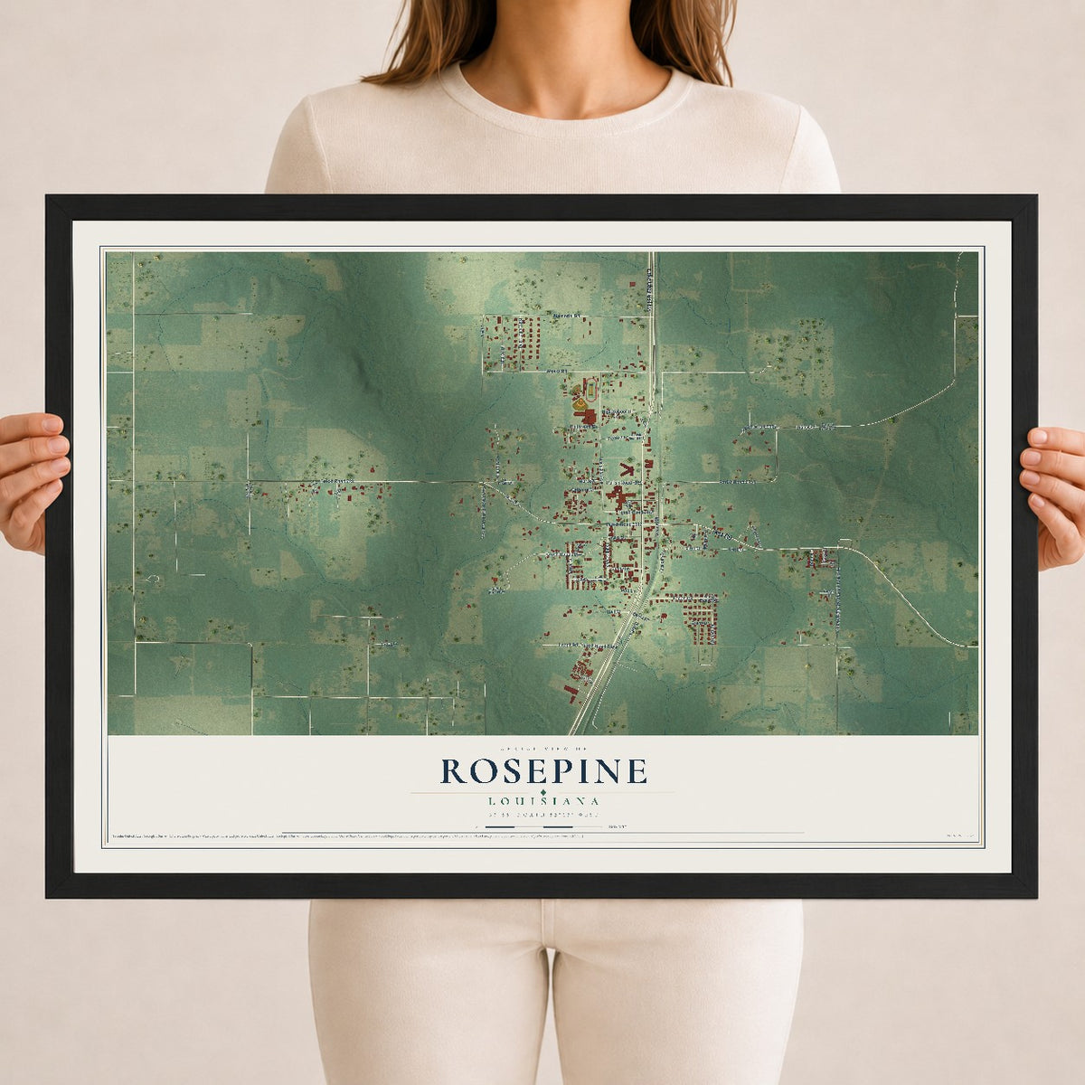 Map of Rosepine, Louisiana, 18 x 24 inch print in a black wood frame