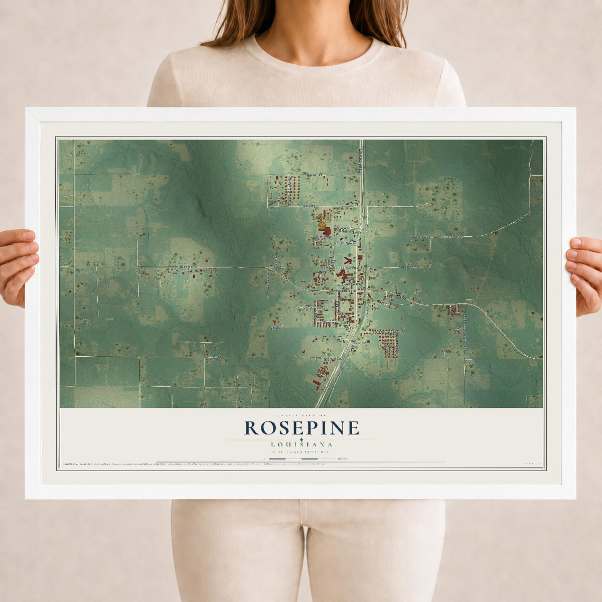 Map of Rosepine, Louisiana, 18 x 24 inch print in a white wood frame