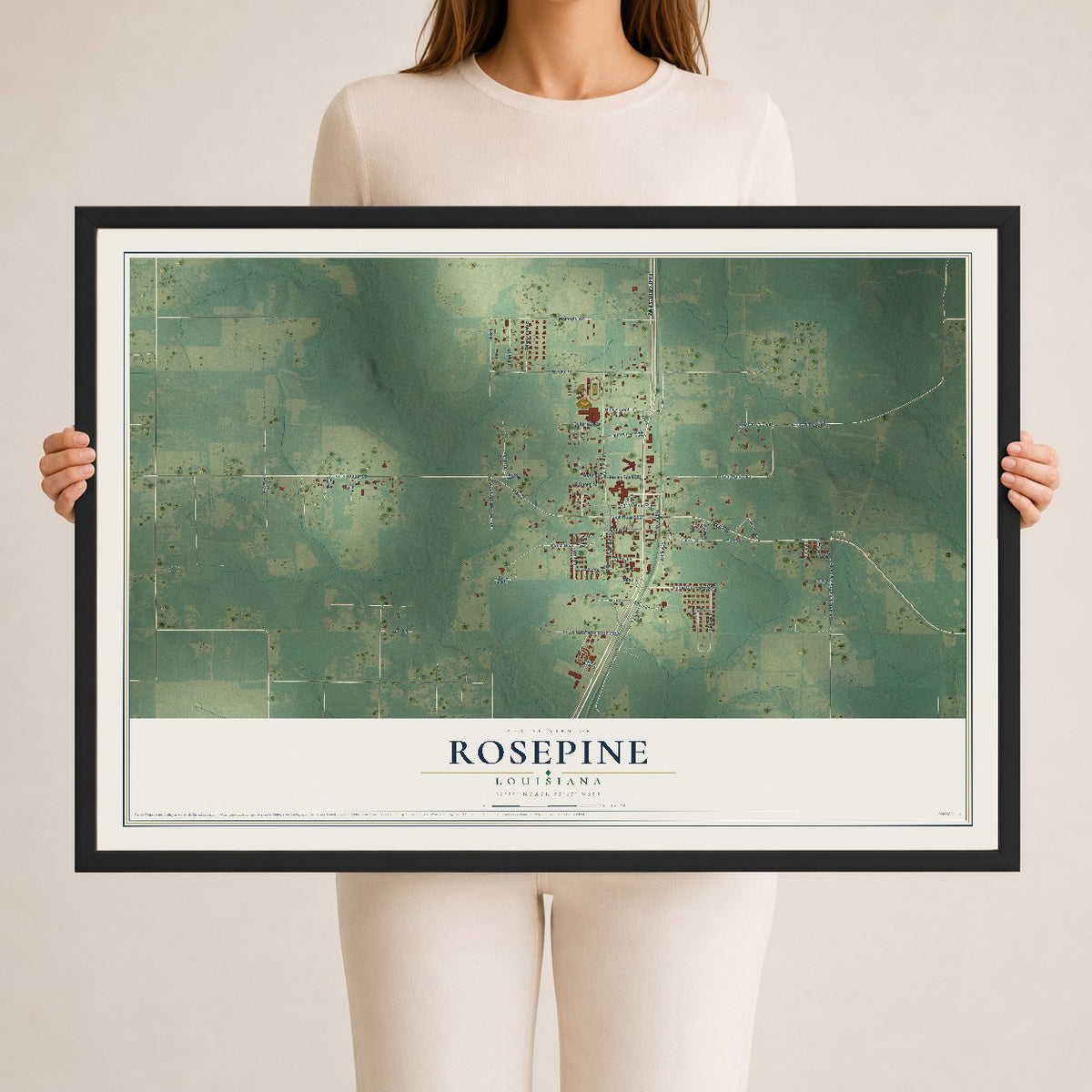 Map of Rosepine, Louisiana, 24 x 36 inch print in a black wood frame