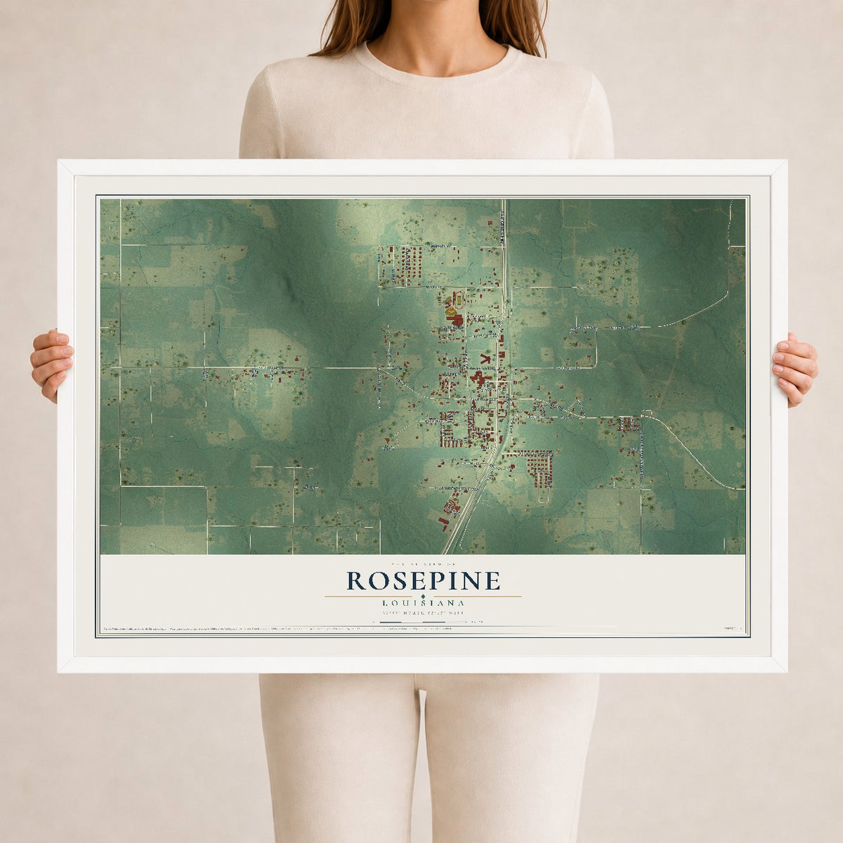 Map of Rosepine, Louisiana, 24 x 36 inch print in a white wood frame