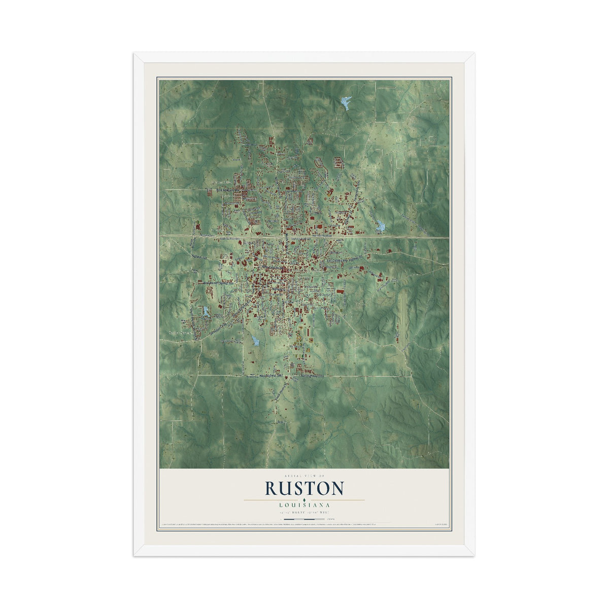 Map of Ruston, Louisiana, 12 x 18 inch print in a white wood frame