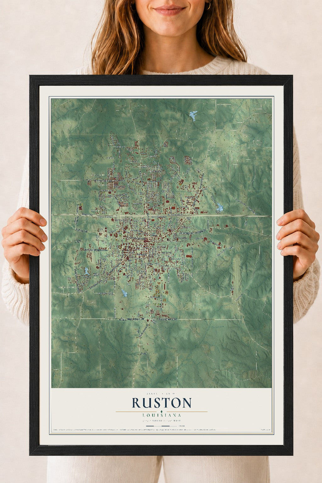 Map of Ruston, Louisiana, 18 x 24 inch print in a black wood frame
