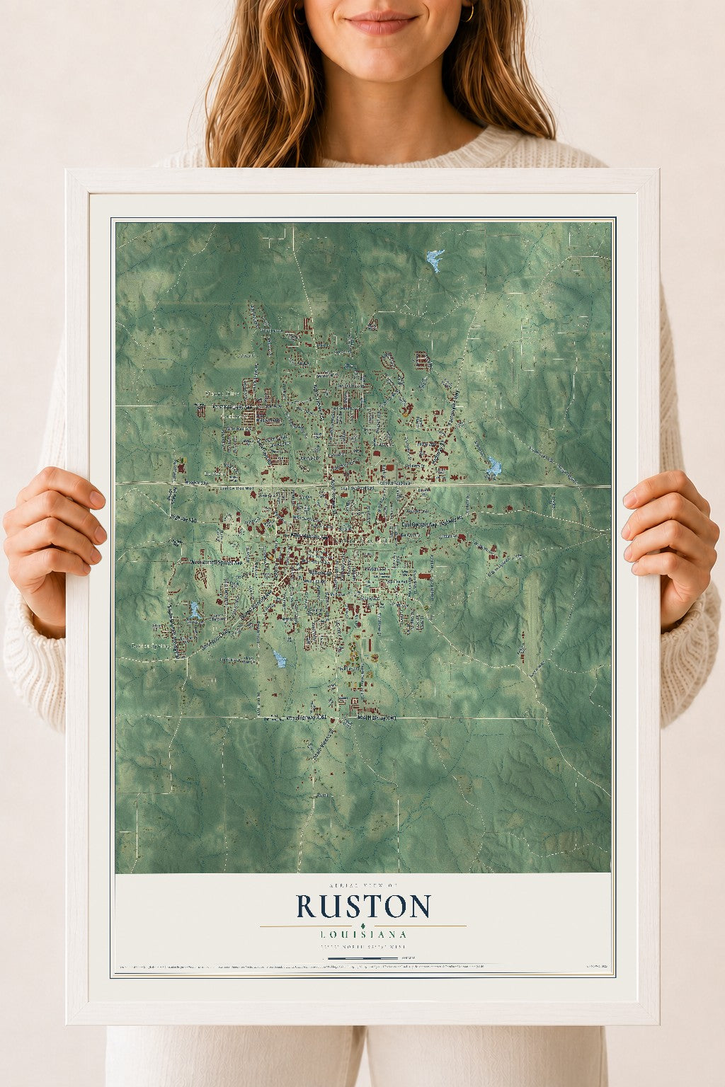 Map of Ruston, Louisiana, 18 x 24 inch print in a white wood frame