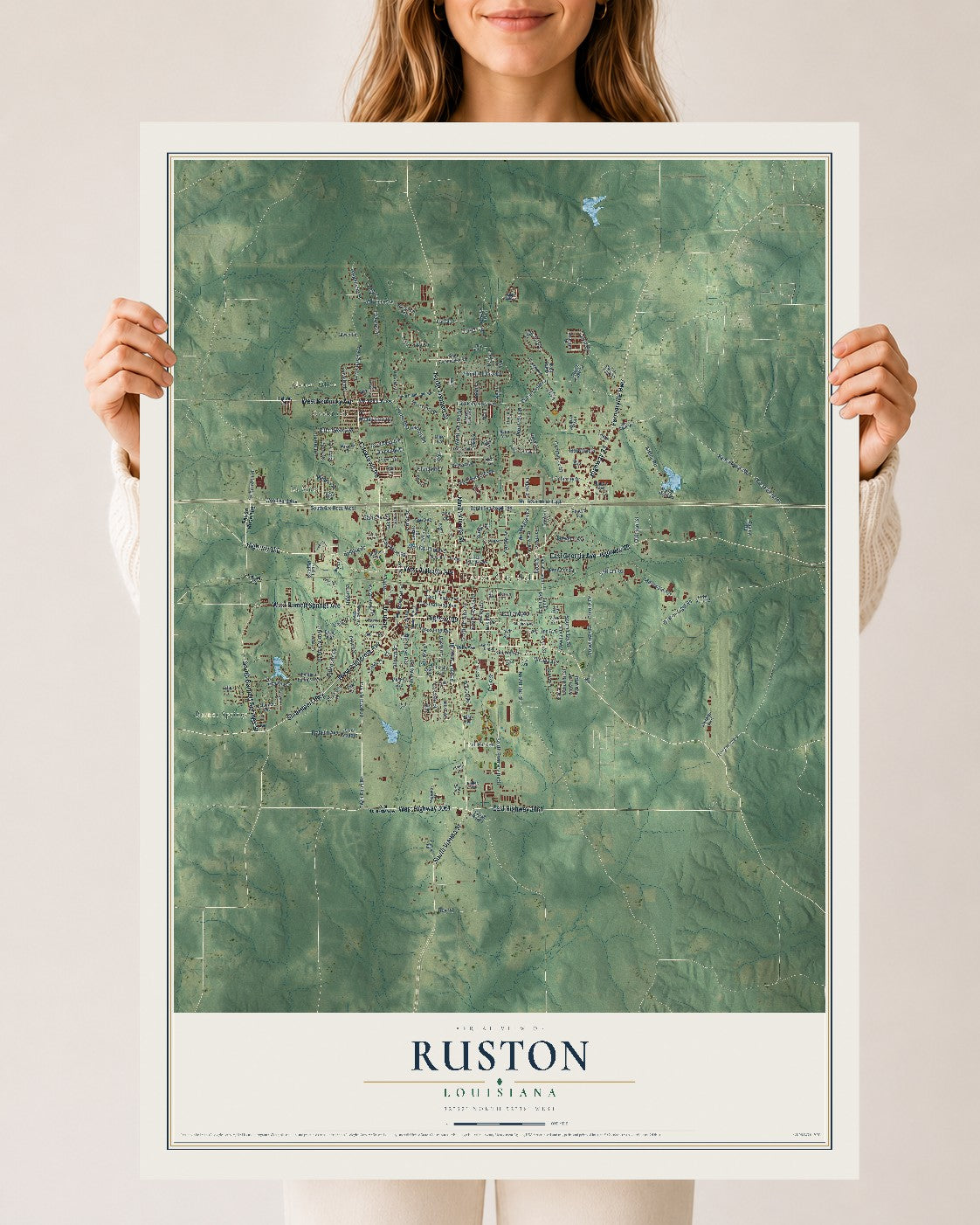 Map of Ruston, Louisiana, 24 x 36 inch unframed archival matte print
