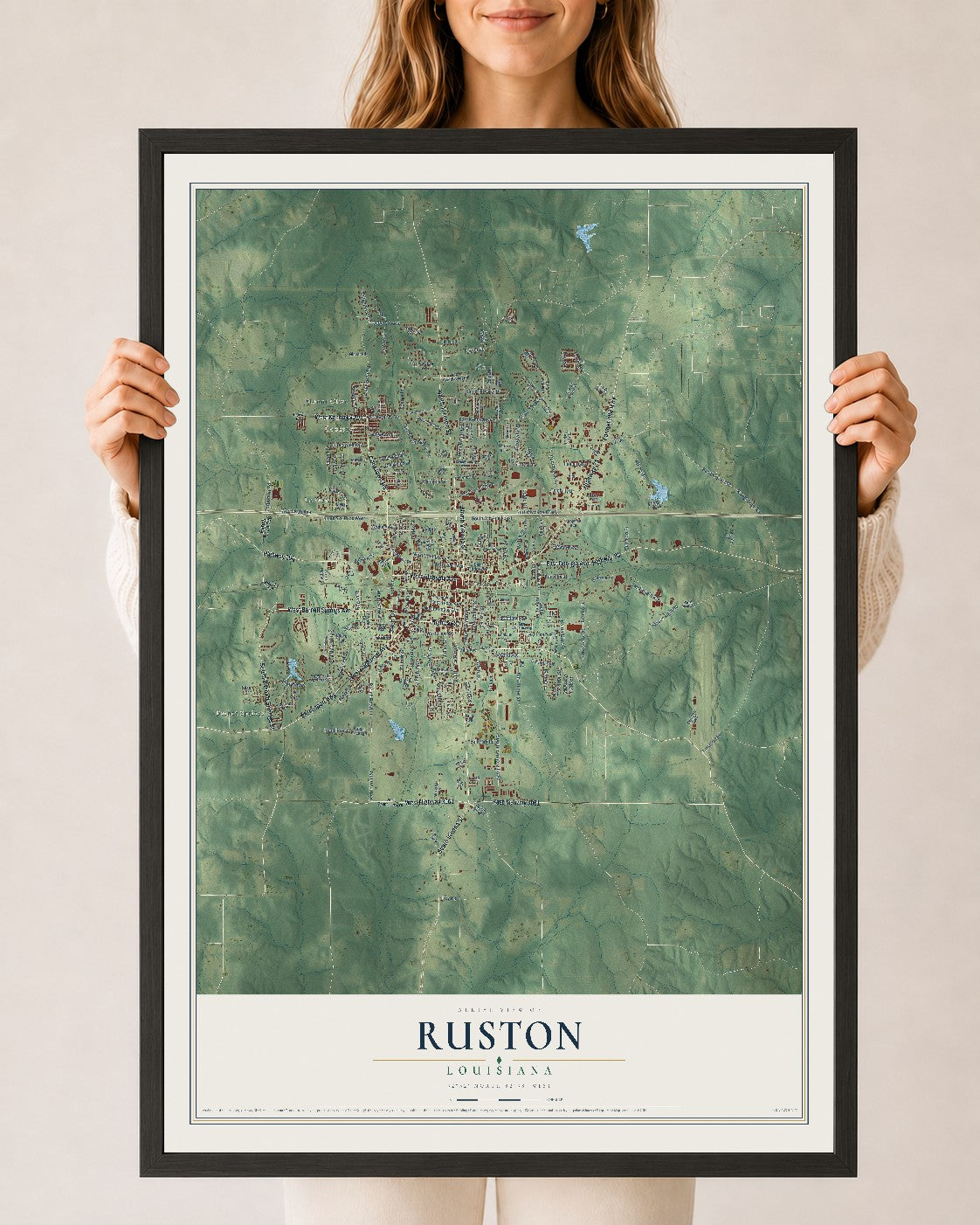 Map of Ruston, Louisiana, 24 x 36 inch print in a black wood frame