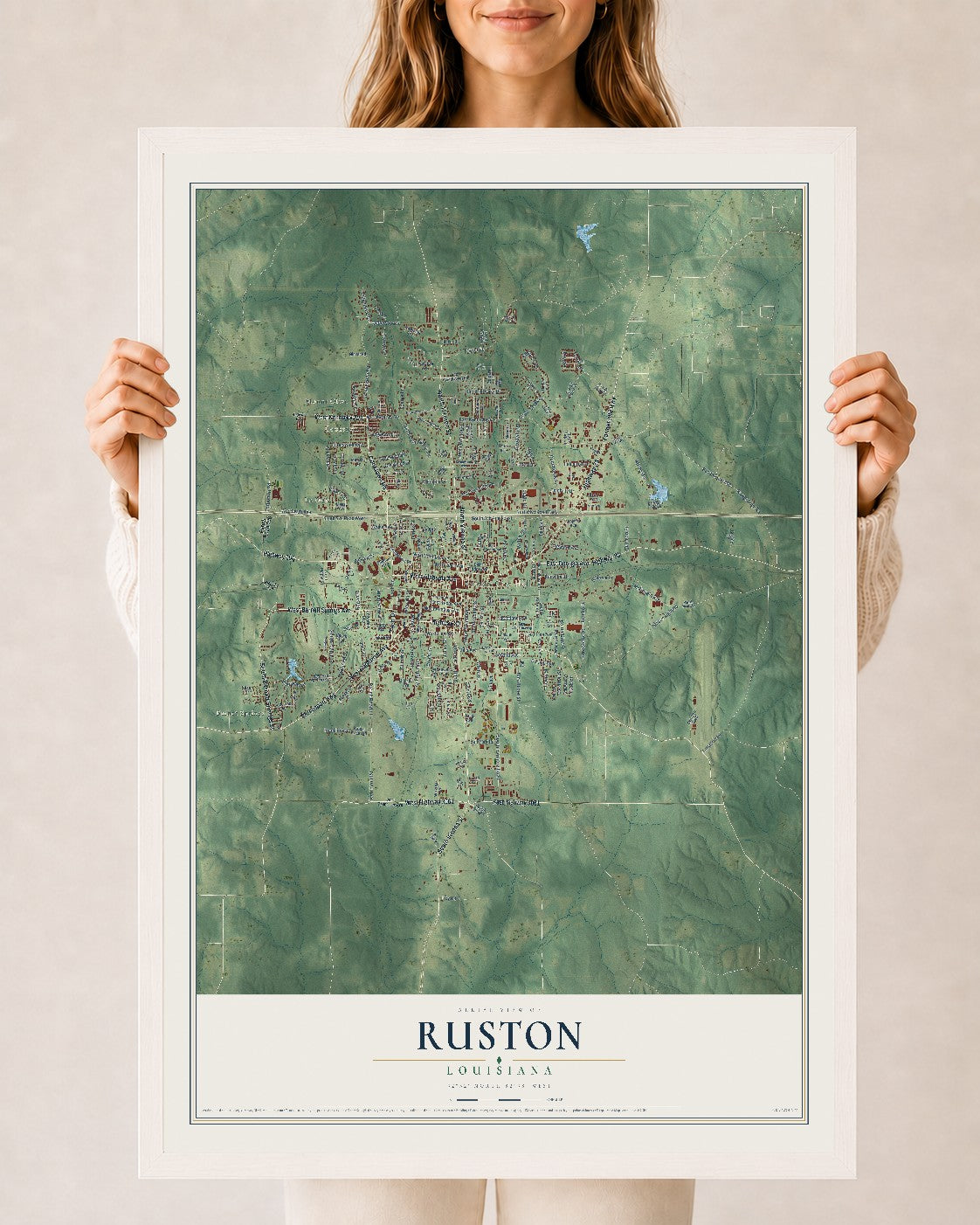 Map of Ruston, Louisiana, 24 x 36 inch print in a white wood frame