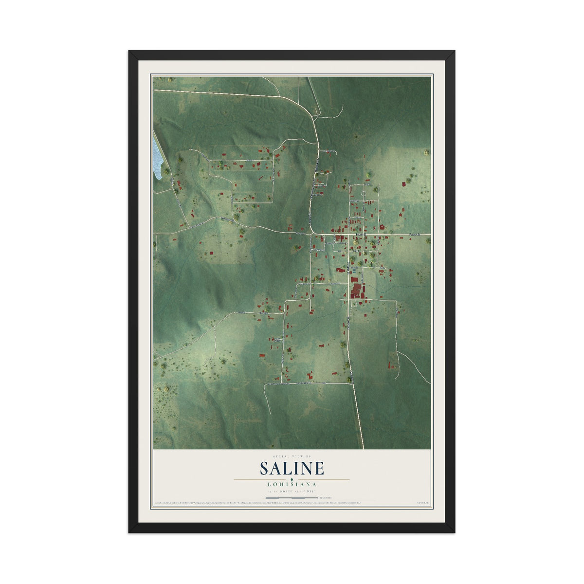 Map of Saline, Louisiana, 12 x 18 inch print in a black wood frame