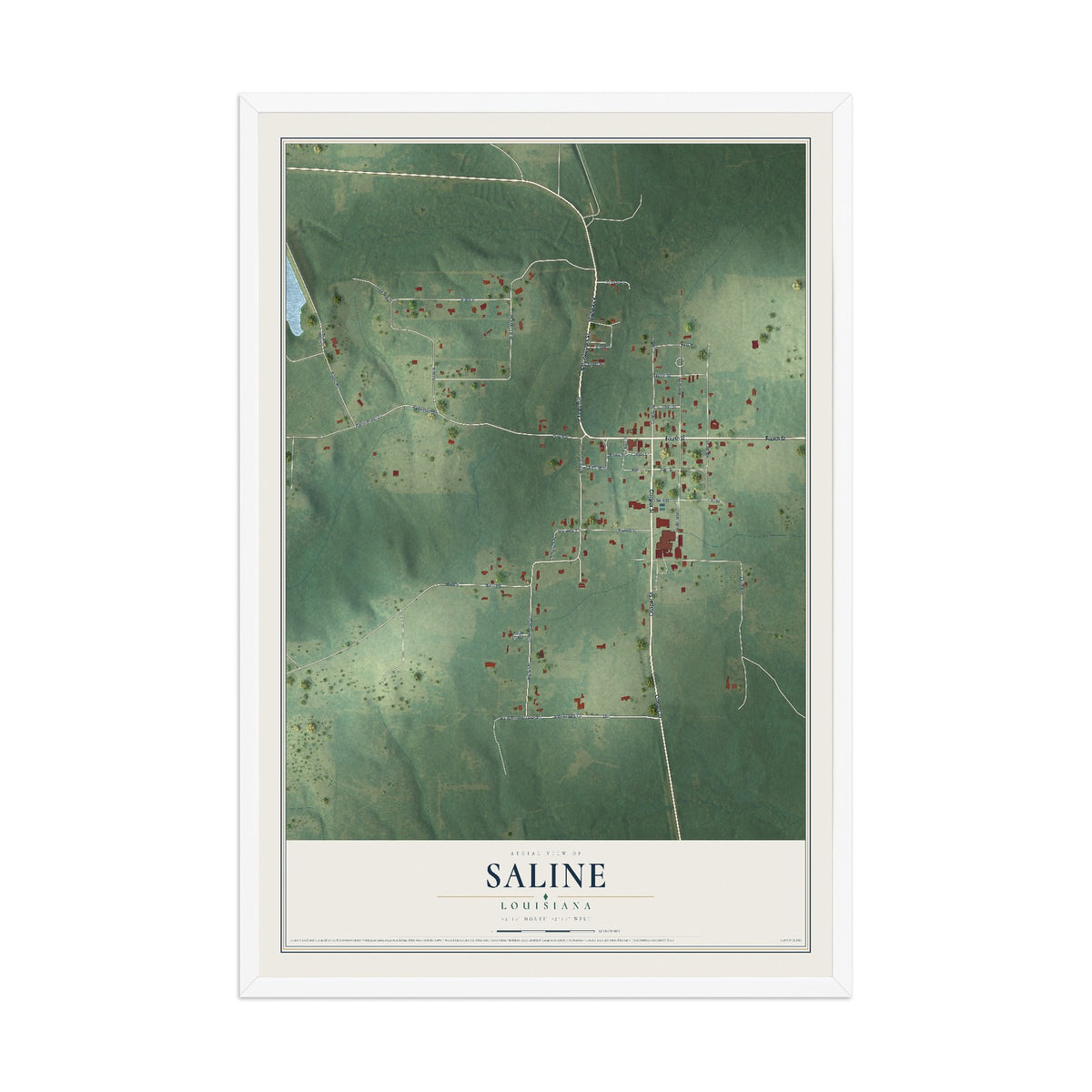 Map of Saline, Louisiana, 12 x 18 inch print in a white wood frame