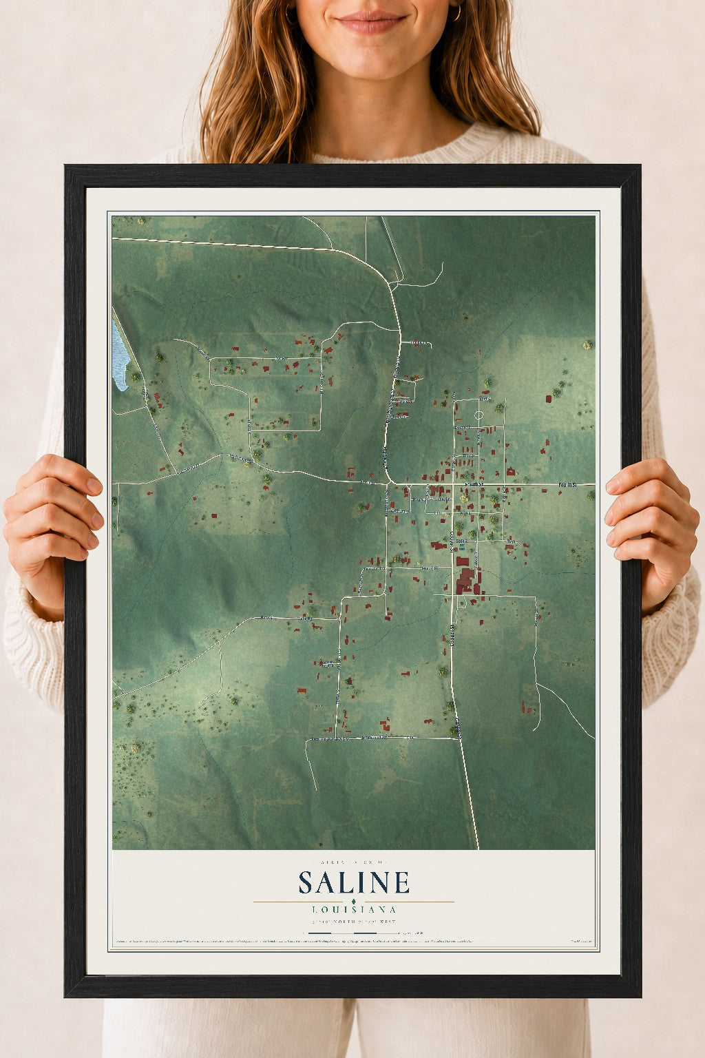 Map of Saline, Louisiana, 18 x 24 inch print in a black wood frame