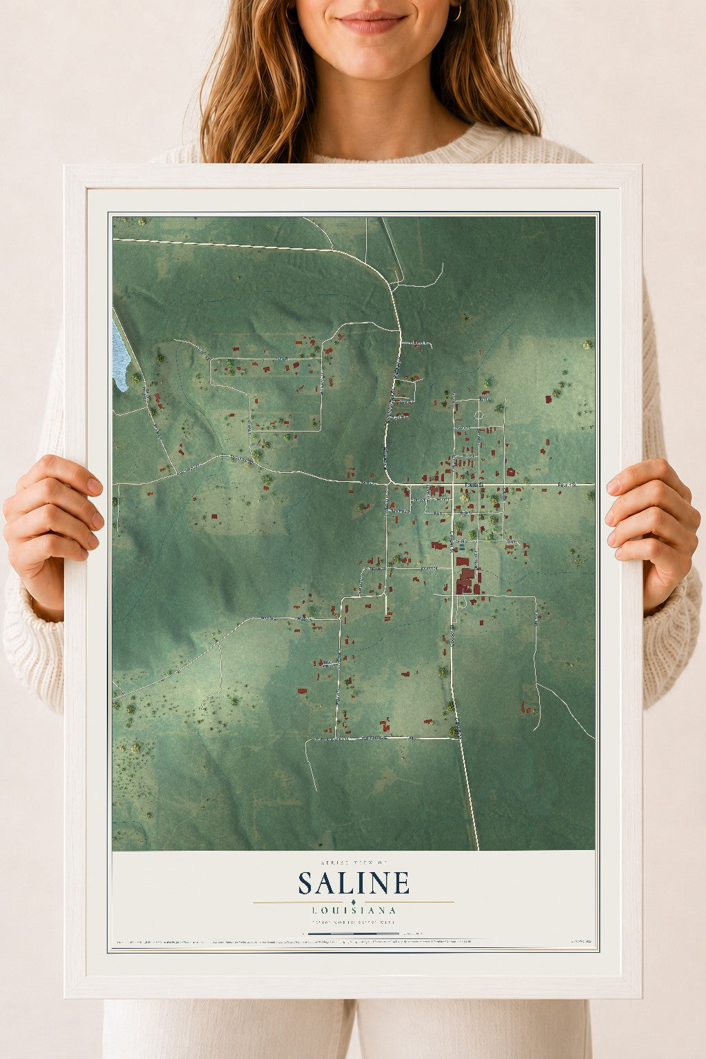 Map of Saline, Louisiana, 18 x 24 inch print in a white wood frame