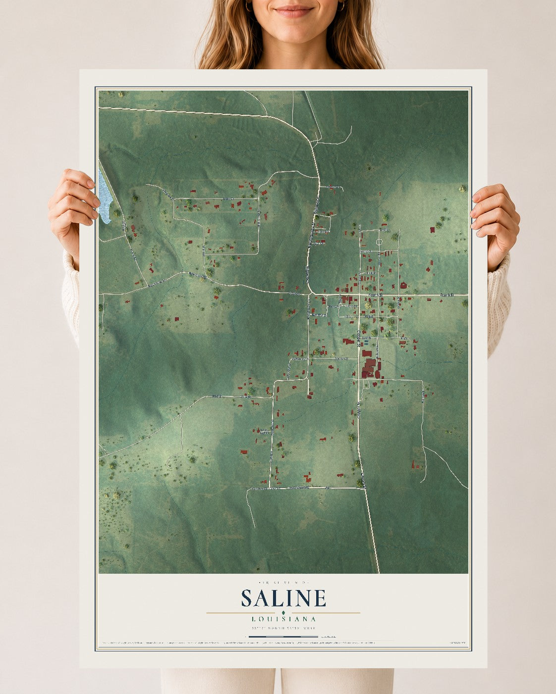 Map of Saline, Louisiana, 24 x 36 inch unframed archival matte print