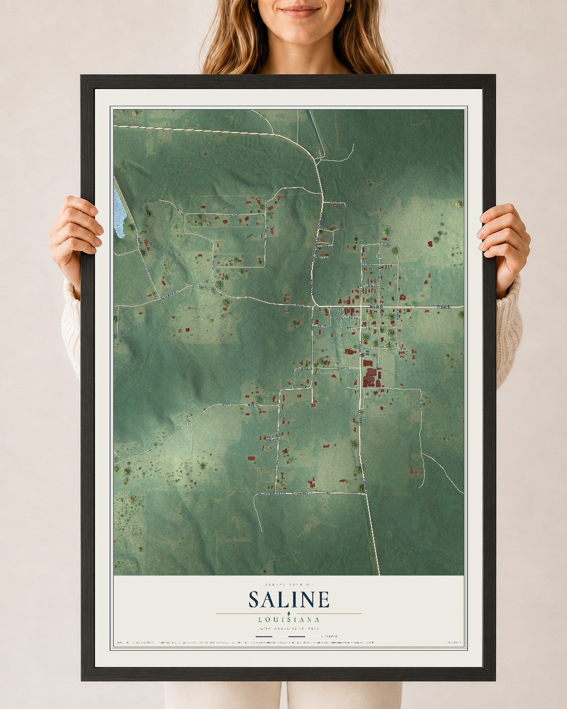 Map of Saline, Louisiana, 24 x 36 inch print in a black wood frame