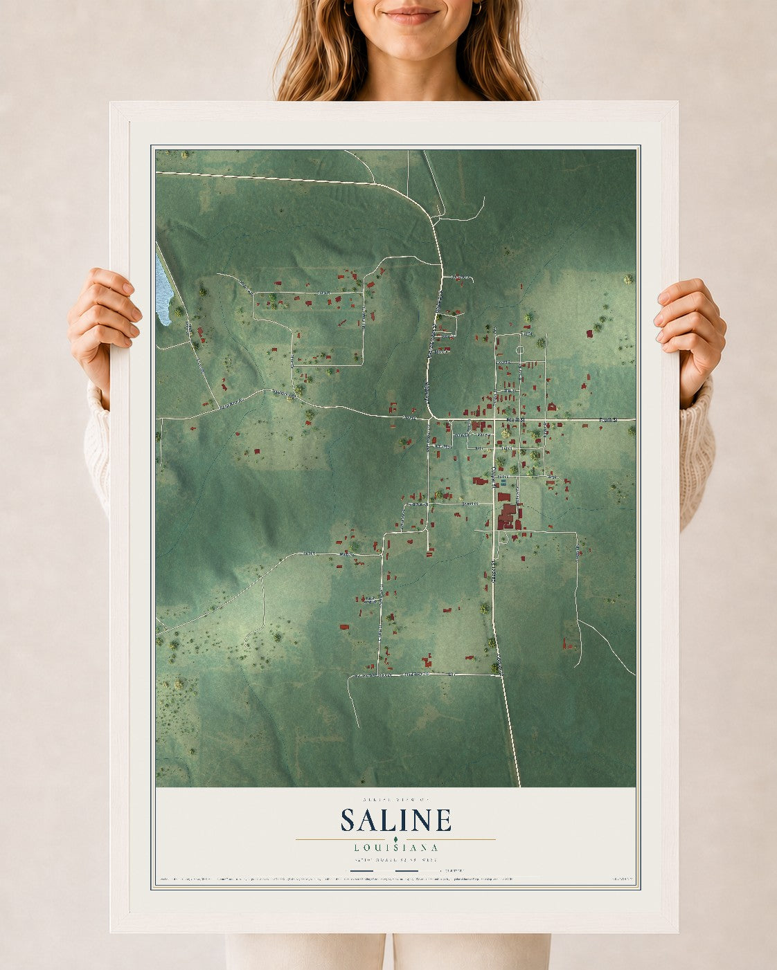 Map of Saline, Louisiana, 24 x 36 inch print in a white wood frame