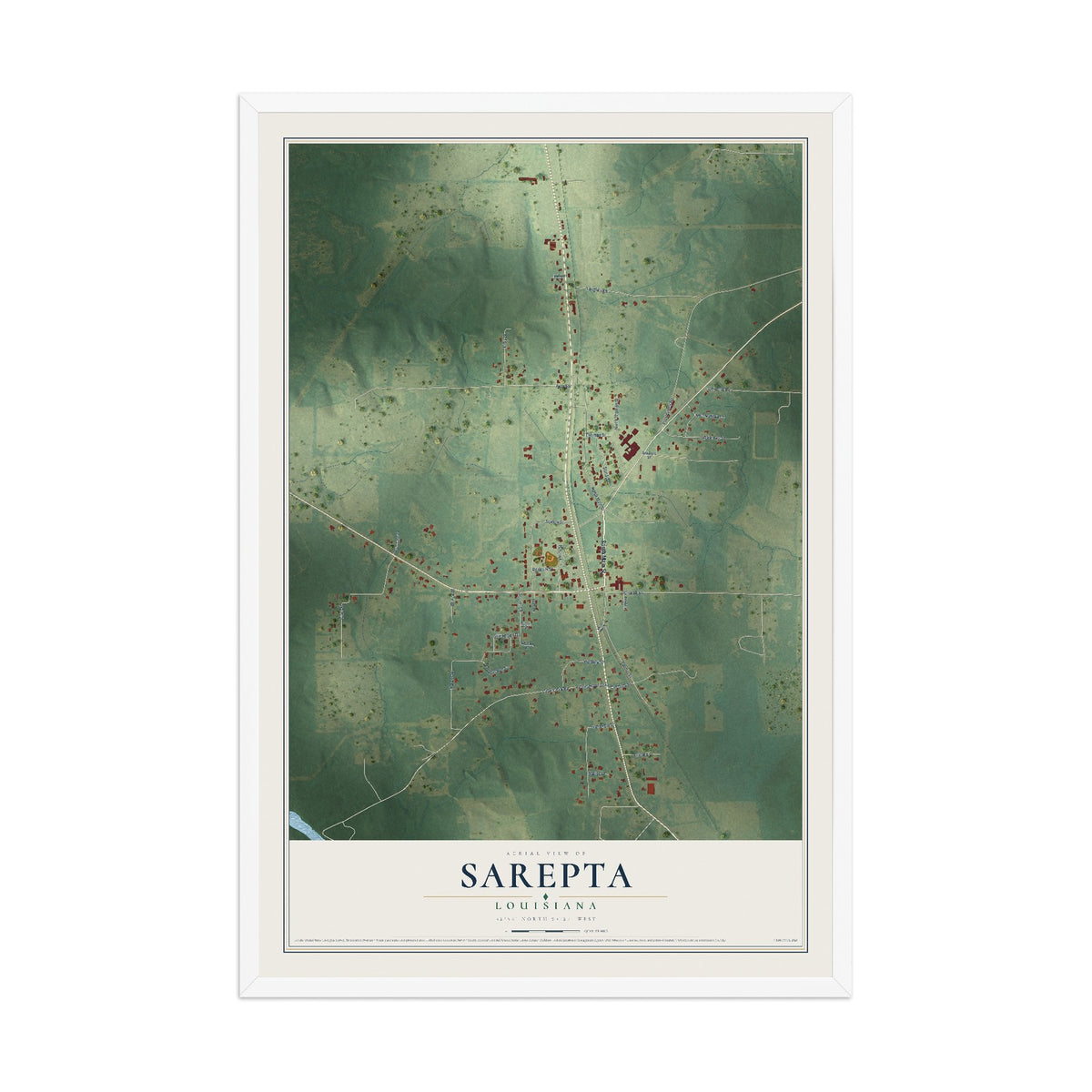 Map of Sarepta, Louisiana, 12 x 18 inch print in a white wood frame