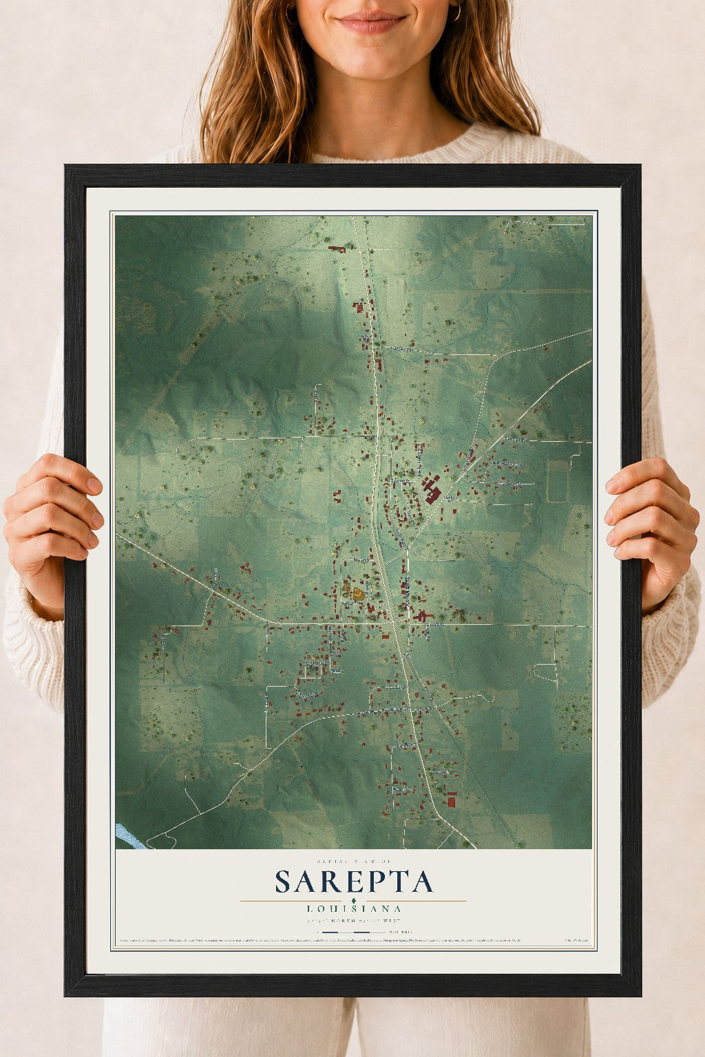 Map of Sarepta, Louisiana, 18 x 24 inch print in a black wood frame