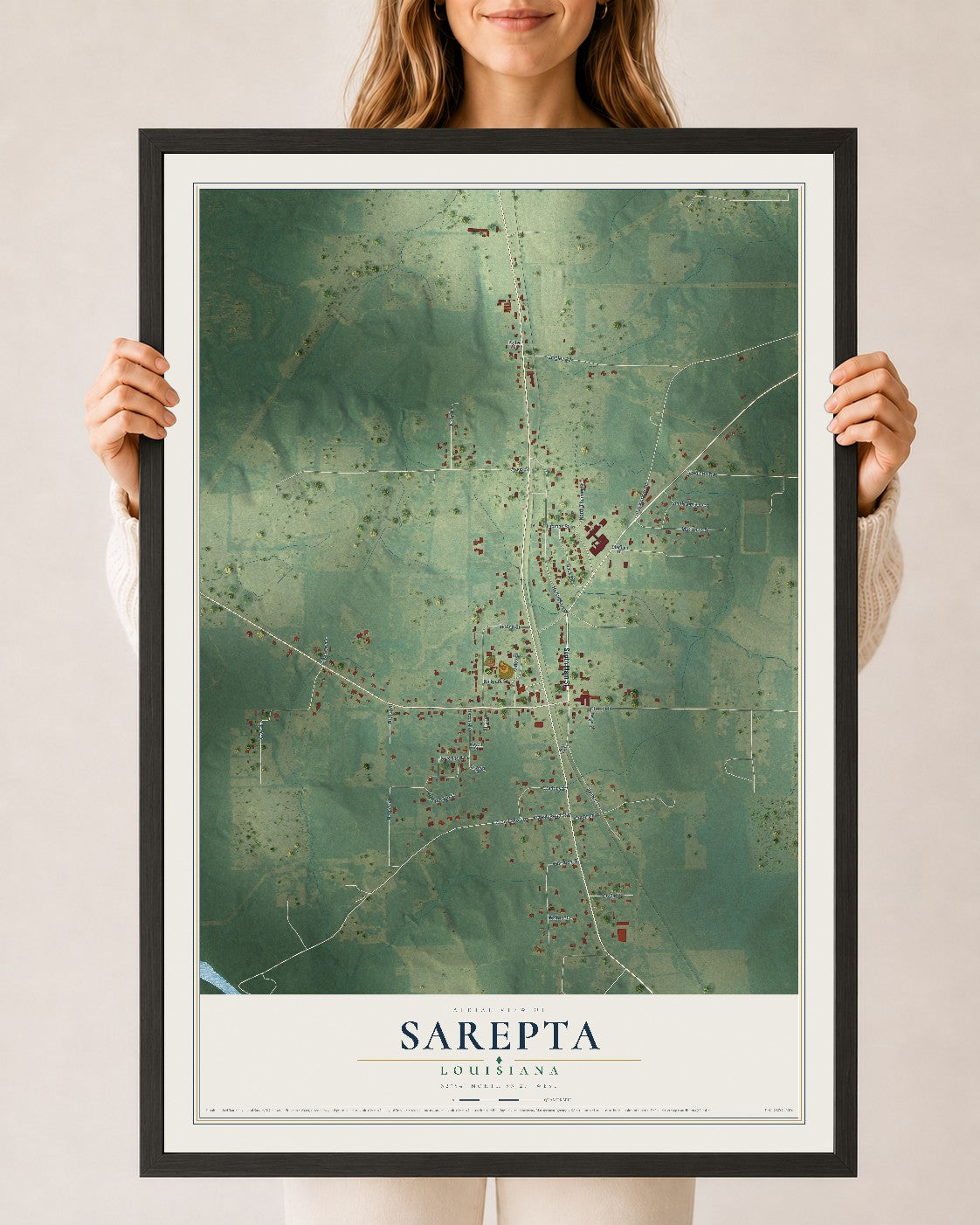 Map of Sarepta, Louisiana, 24 x 36 inch print in a black wood frame