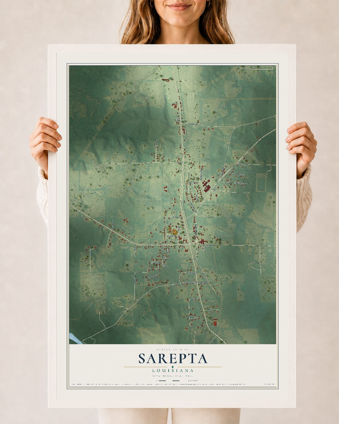 Map of Sarepta, Louisiana, 24 x 36 inch print in a white wood frame