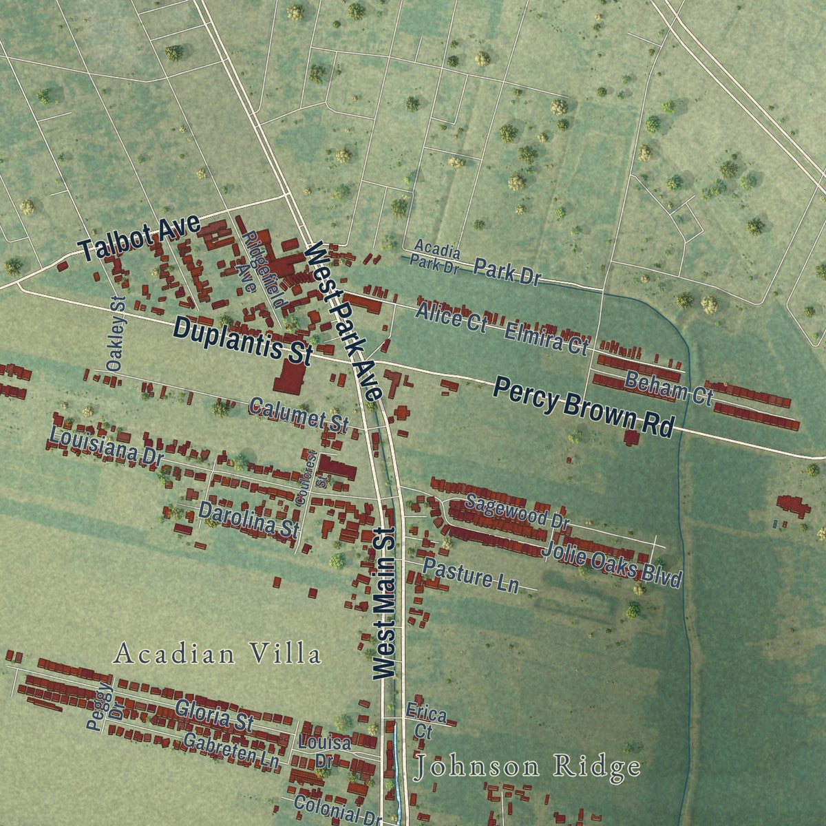 Close-up of the map of Schriever, Louisiana print showing street and building detail