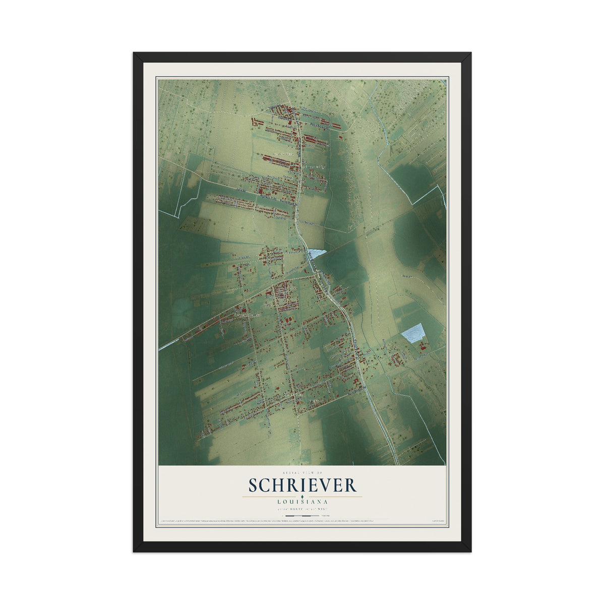 Map of Schriever, Louisiana, 12 x 18 inch print in a black wood frame
