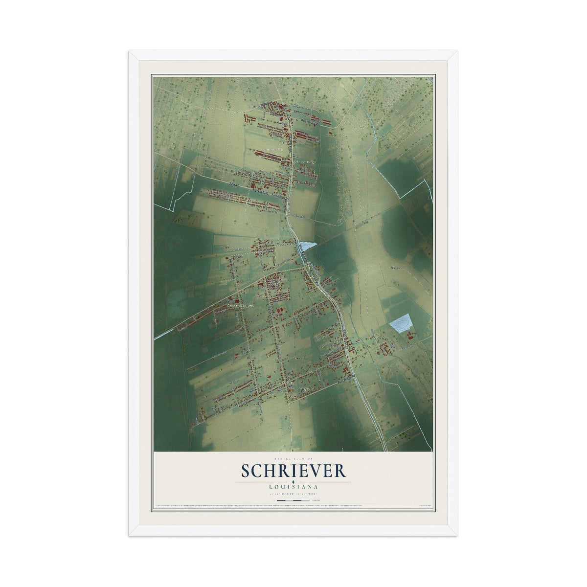 Map of Schriever, Louisiana, 12 x 18 inch print in a white wood frame