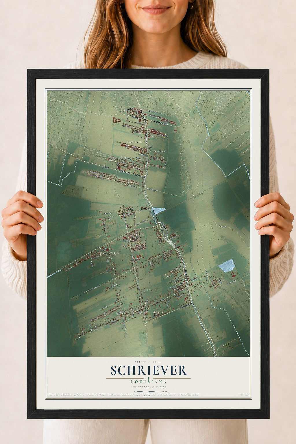 Map of Schriever, Louisiana, 18 x 24 inch print in a black wood frame