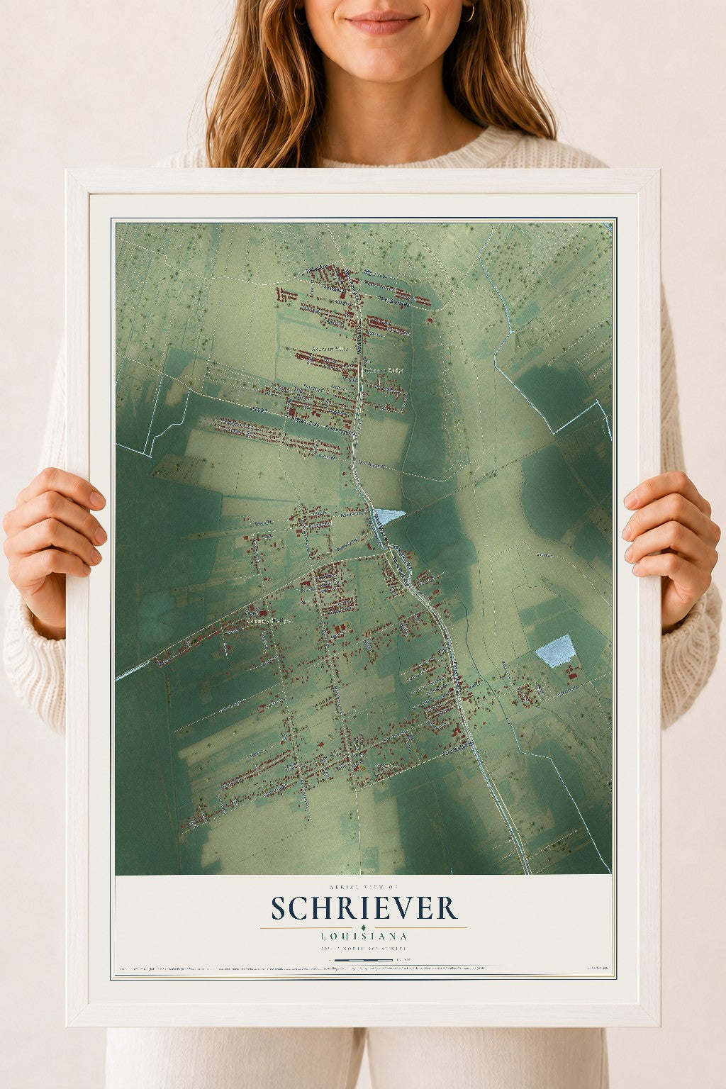 Map of Schriever, Louisiana, 18 x 24 inch print in a white wood frame