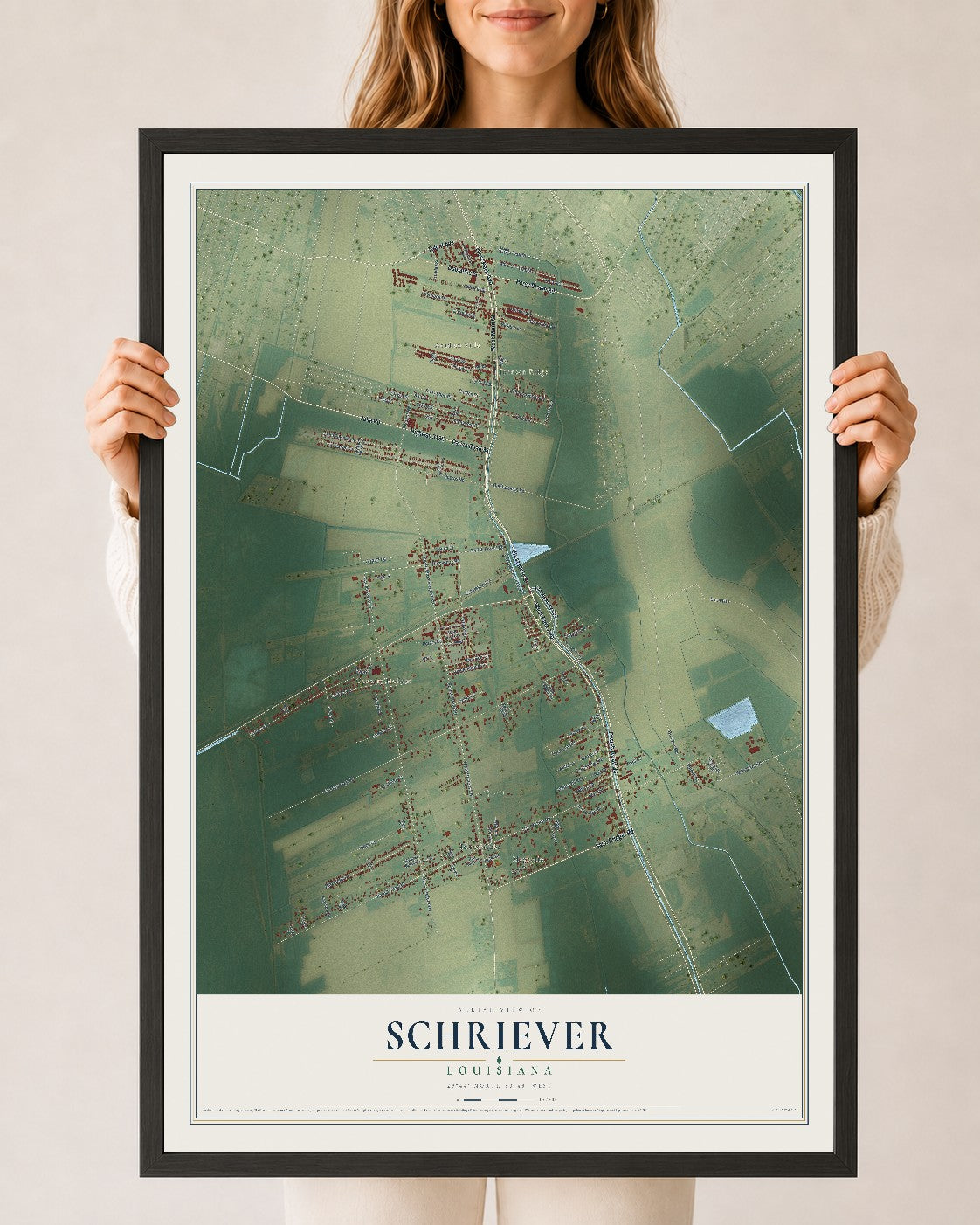 Map of Schriever, Louisiana, 24 x 36 inch print in a black wood frame