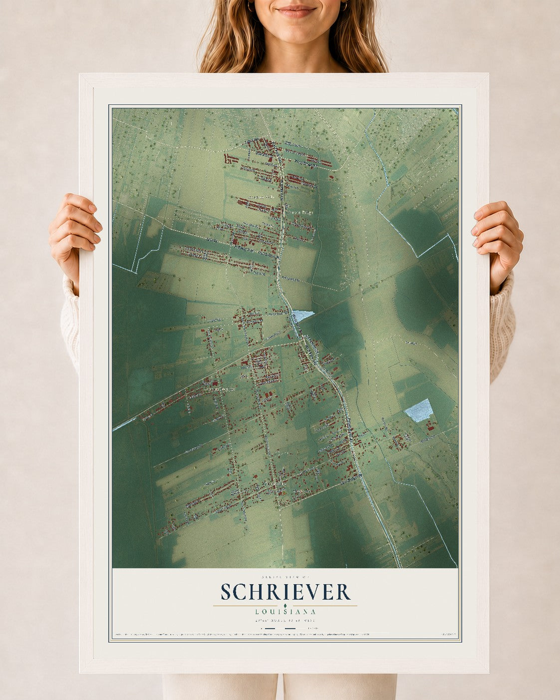 Map of Schriever, Louisiana, 24 x 36 inch print in a white wood frame