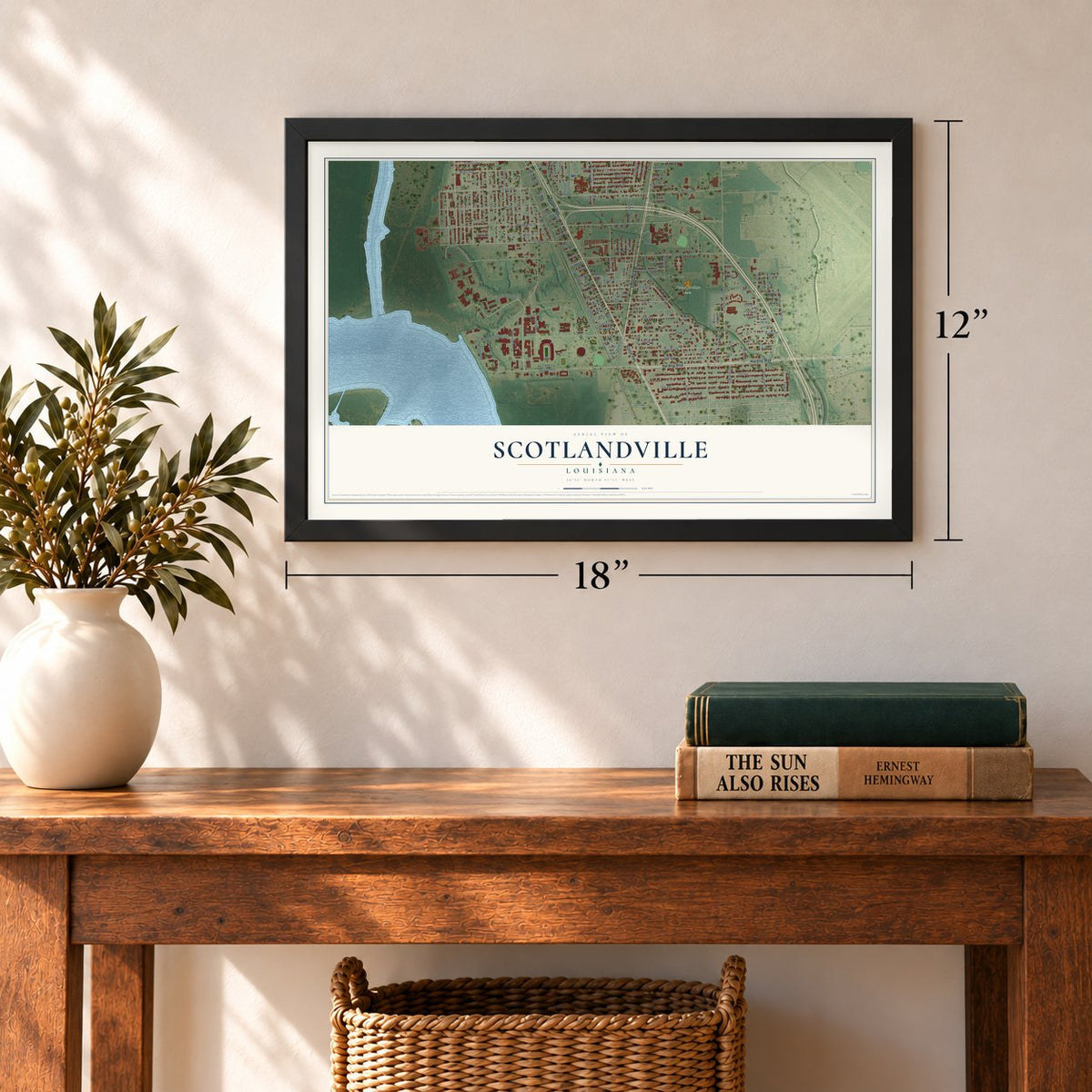 Scotlandville, Louisiana map, 12 x 18 inch print in a black frame in an entryway