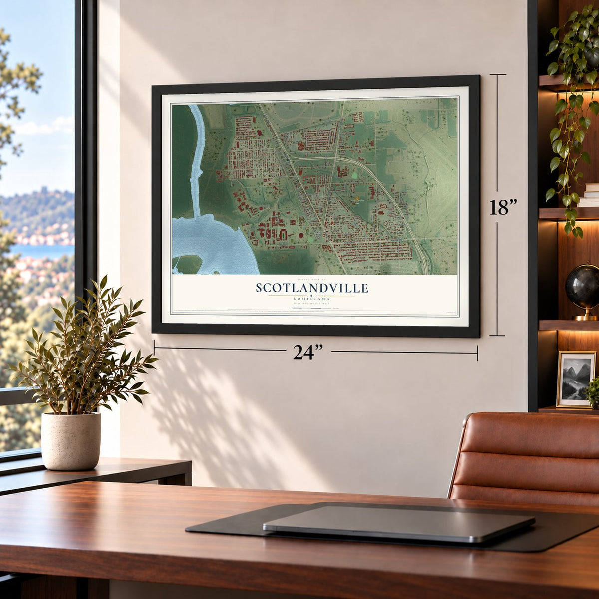Scotlandville, Louisiana map, 18 x 24 inch print in a black frame in a home office