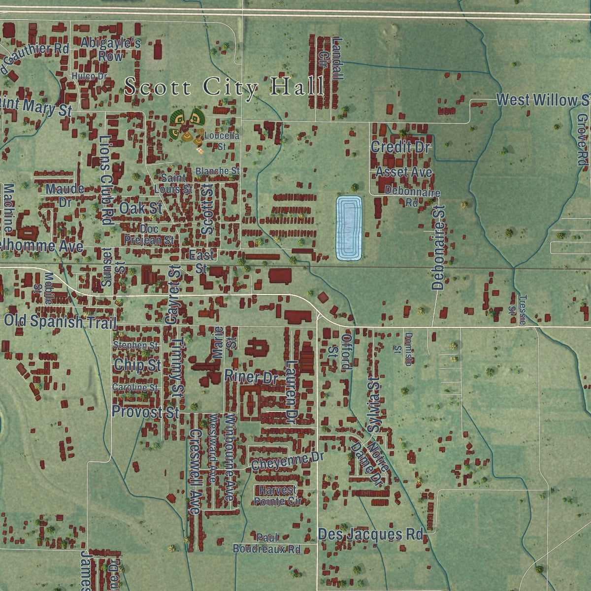 Close-up of the map of Scott, Louisiana print showing street and building detail