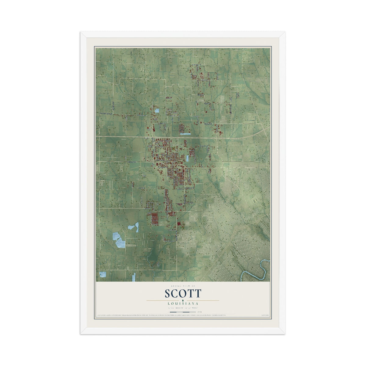 Map of Scott, Louisiana, 12 x 18 inch print in a white wood frame