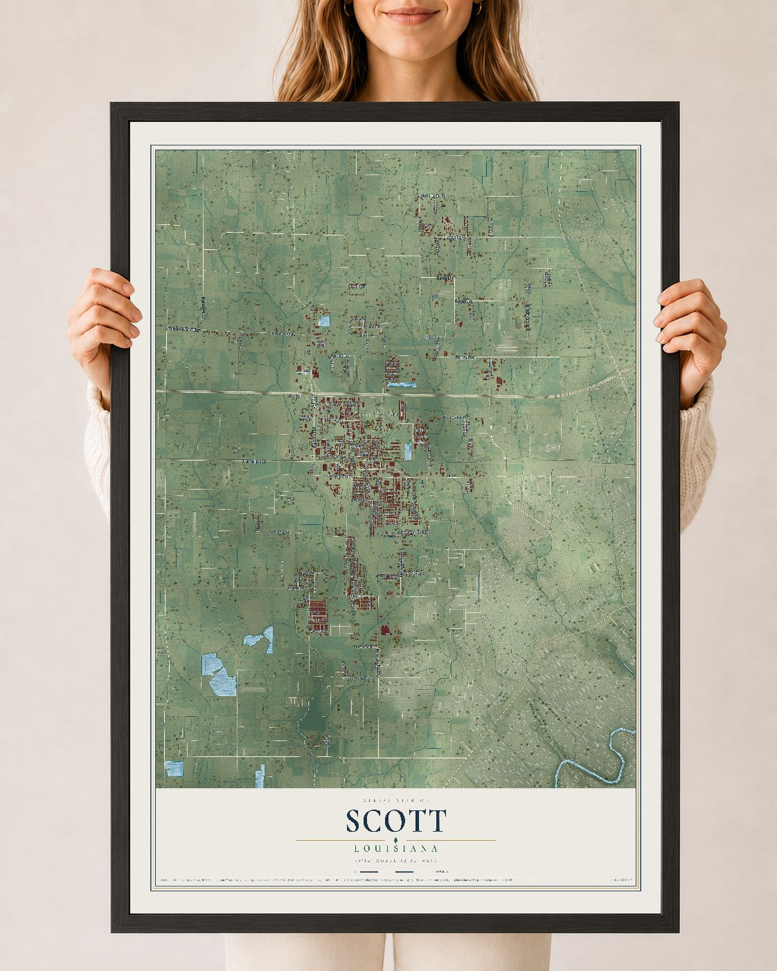 Map of Scott, Louisiana, 24 x 36 inch print in a black wood frame