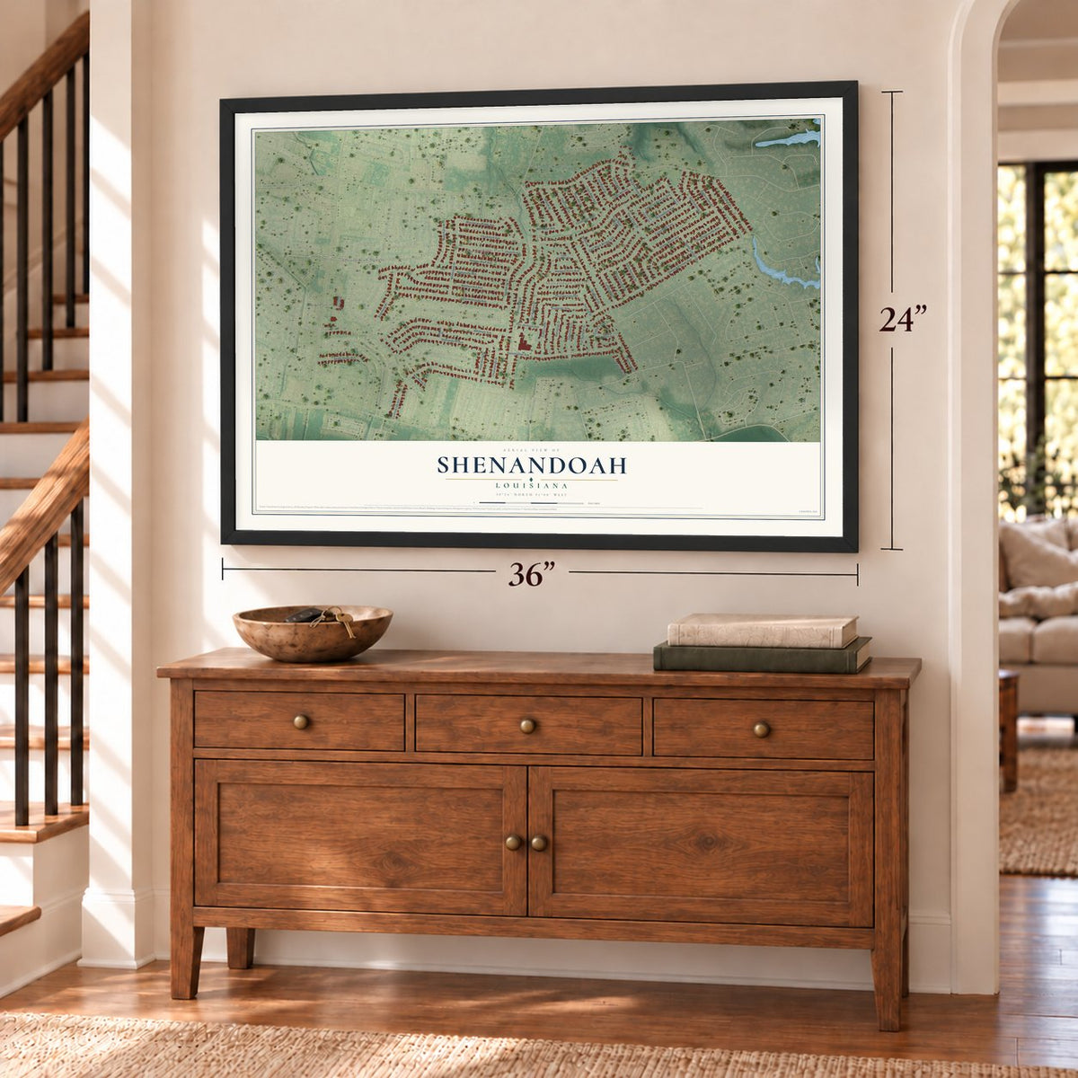Shenandoah, Louisiana map, 24 x 36 inch print in a black frame above a dresser by a staircase