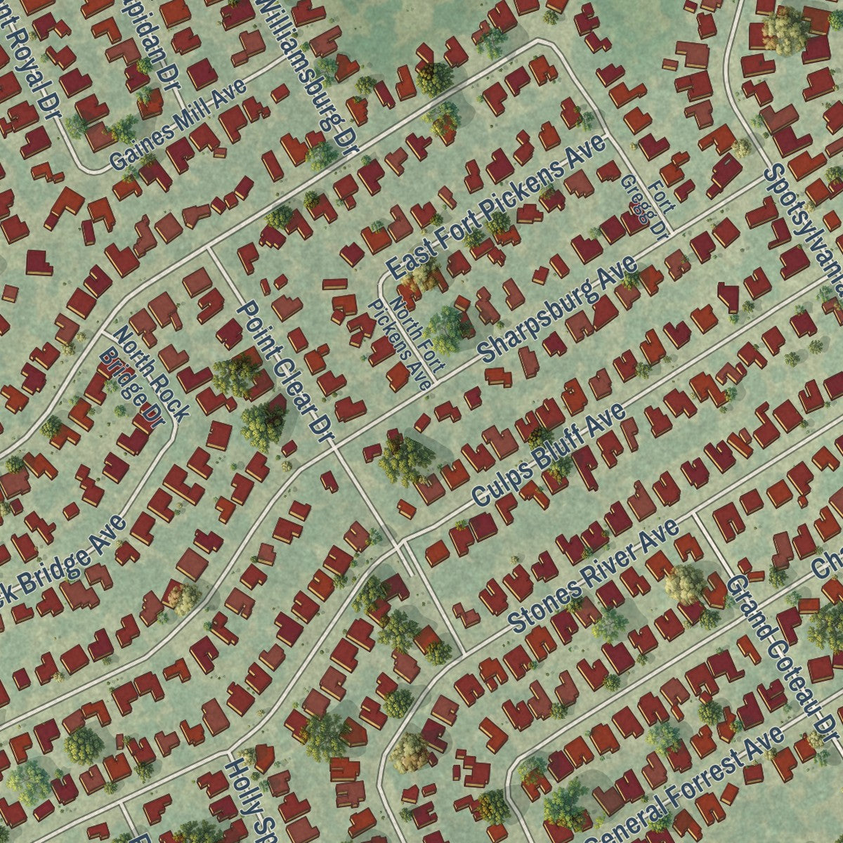 Close-up of the map of Shenandoah, Louisiana print showing street and building detail