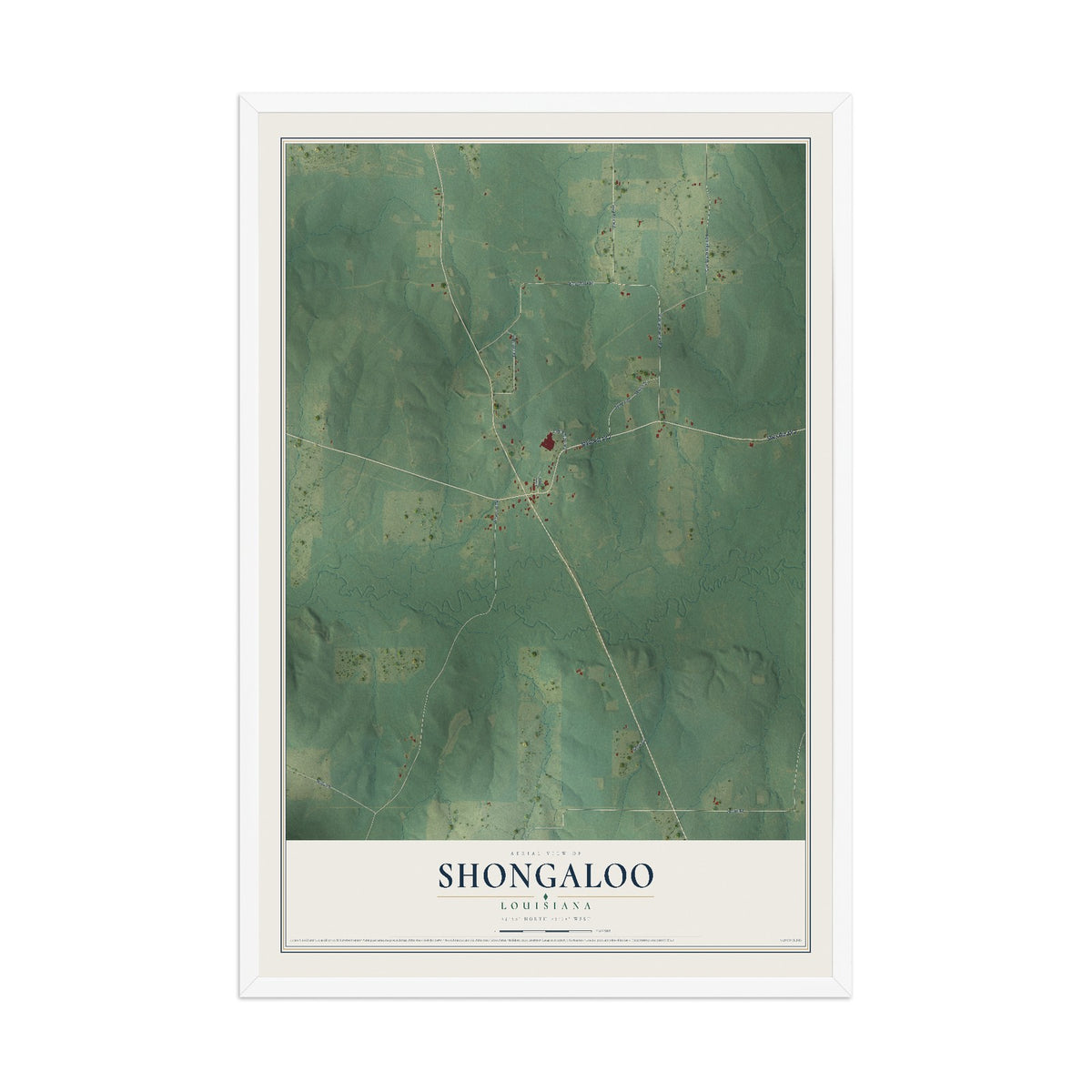 Map of Shongaloo, Louisiana, 12 x 18 inch print in a white wood frame