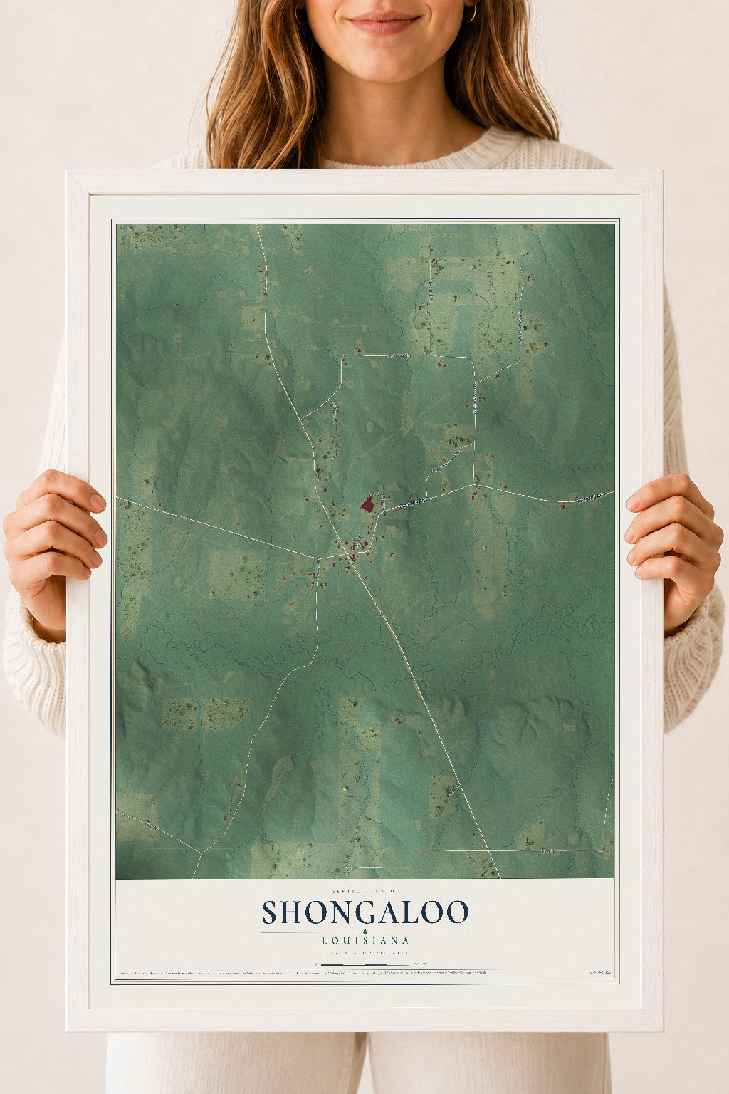 Map of Shongaloo, Louisiana, 18 x 24 inch print in a white wood frame