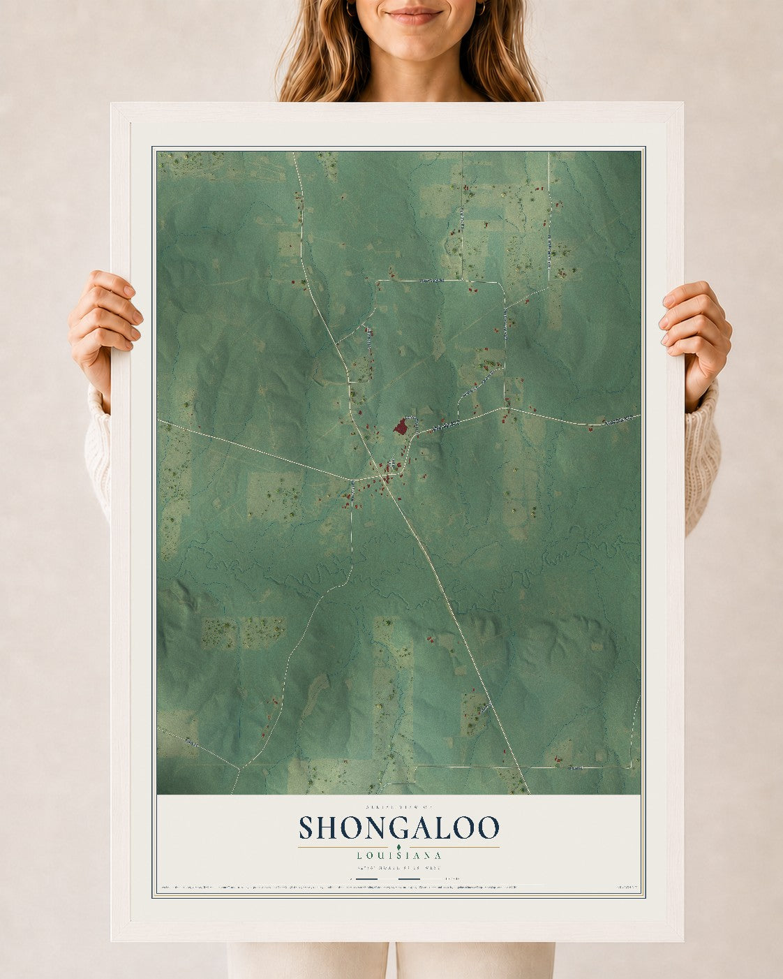 Map of Shongaloo, Louisiana, 24 x 36 inch print in a white wood frame