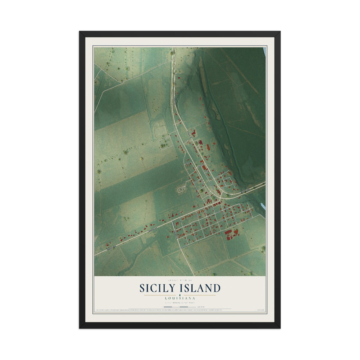 Map of Sicily Island, Louisiana, 12 x 18 inch print in a black wood frame