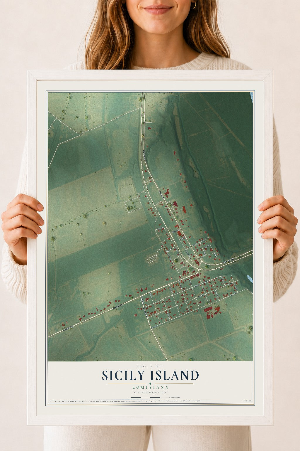 Map of Sicily Island, Louisiana, 18 x 24 inch print in a white wood frame