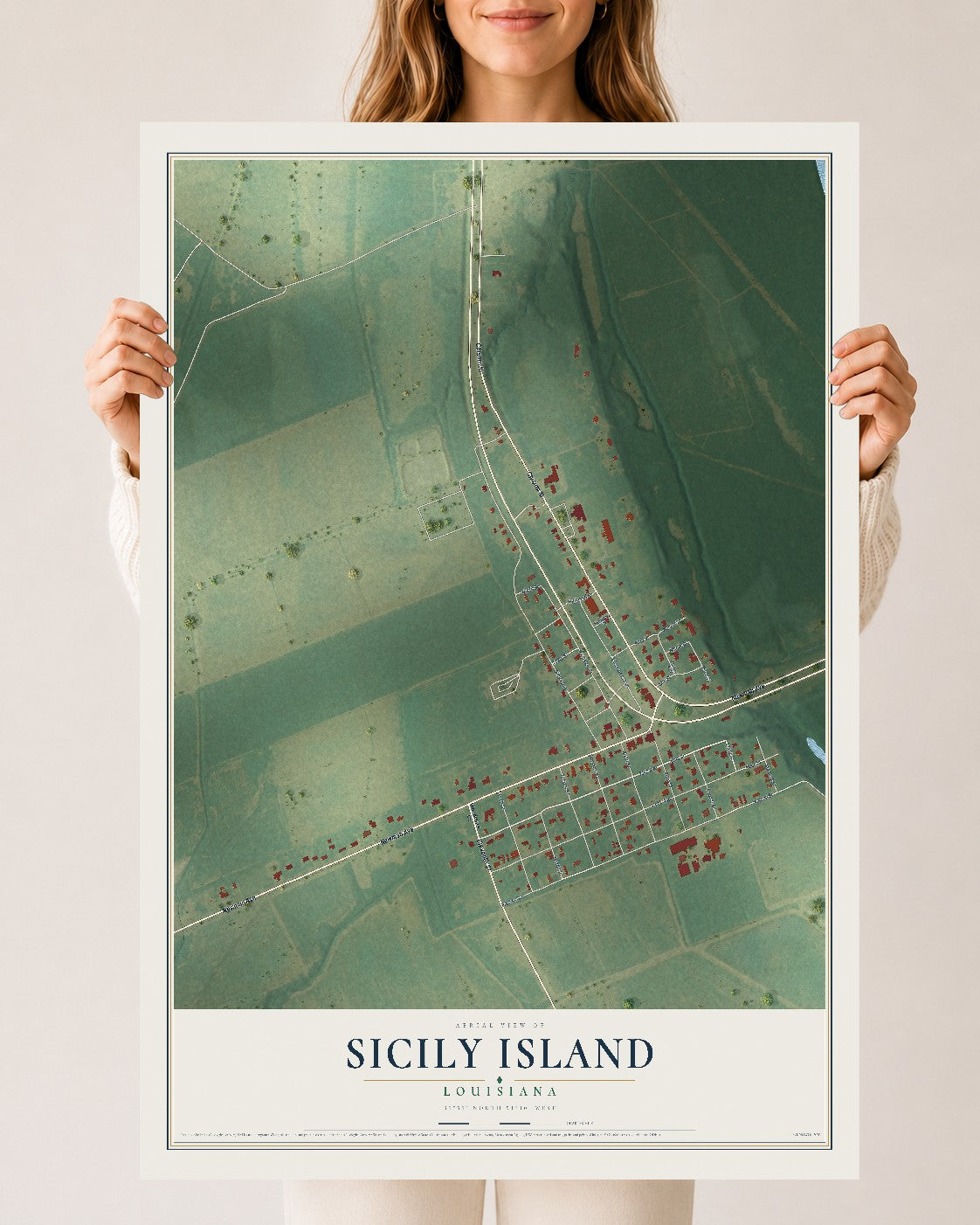 Map of Sicily Island, Louisiana, 24 x 36 inch unframed archival matte print