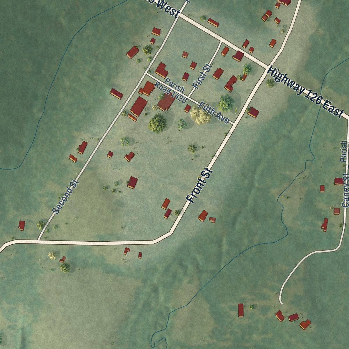 Close-up of the map of Sikes, Louisiana print showing street and building detail