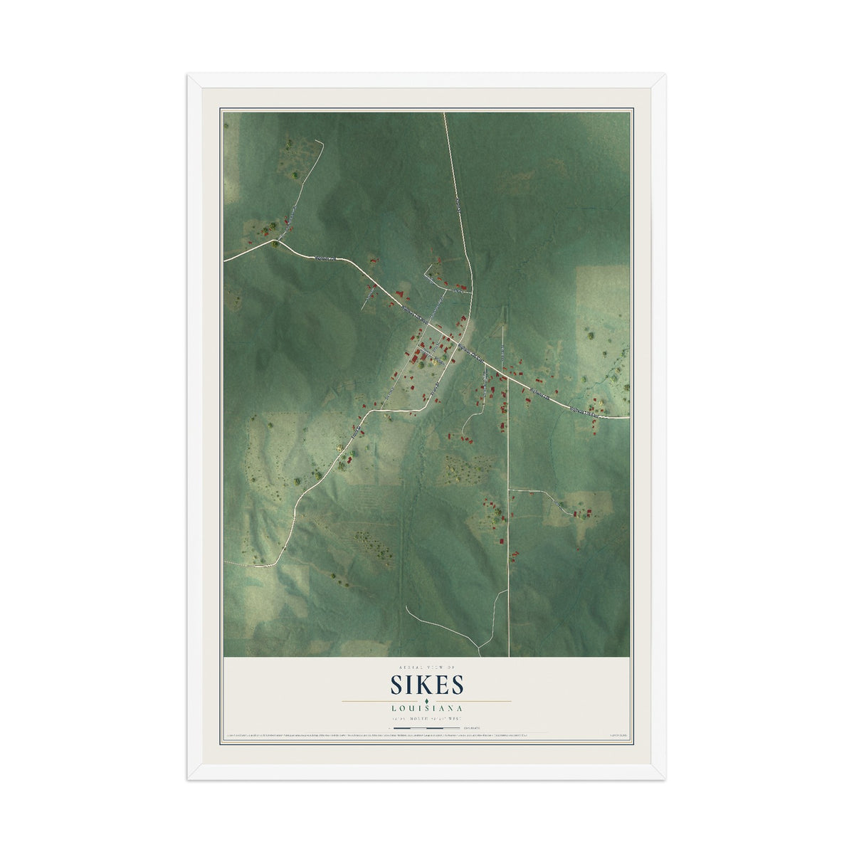 Map of Sikes, Louisiana, 12 x 18 inch print in a white wood frame
