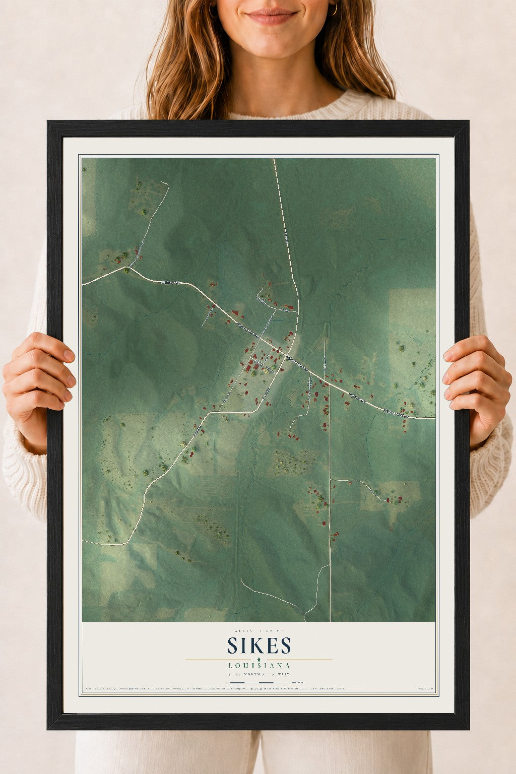 Map of Sikes, Louisiana, 18 x 24 inch print in a black wood frame
