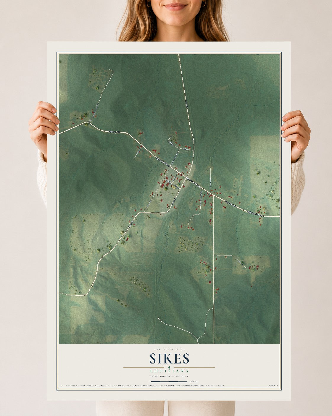 Map of Sikes, Louisiana, 24 x 36 inch unframed archival matte print