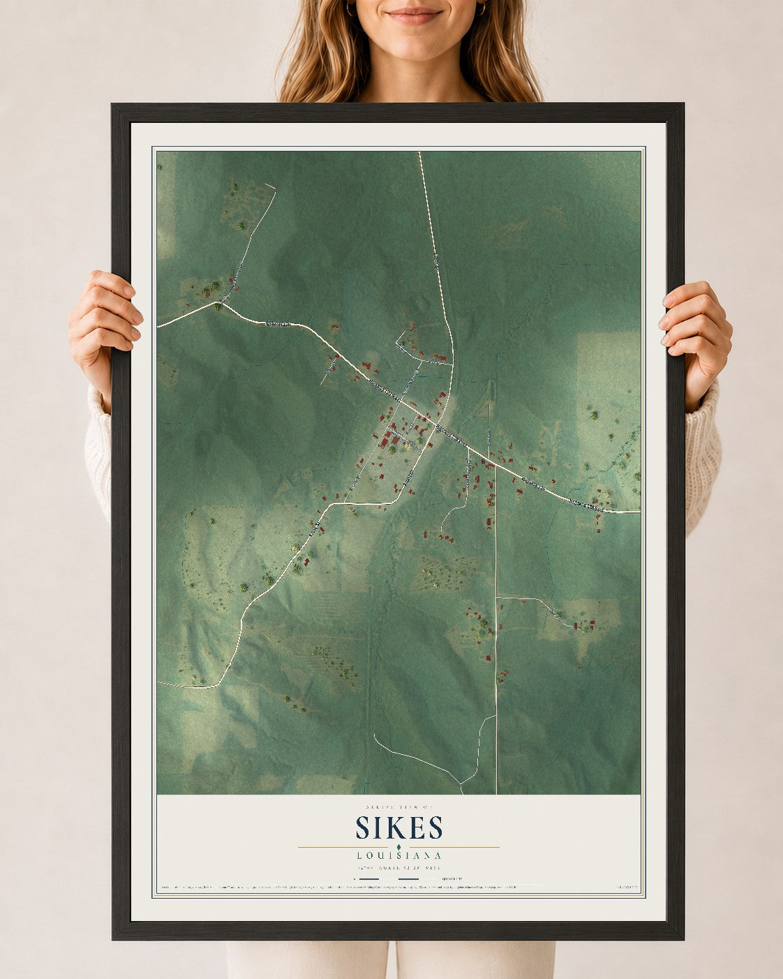 Map of Sikes, Louisiana, 24 x 36 inch print in a black wood frame
