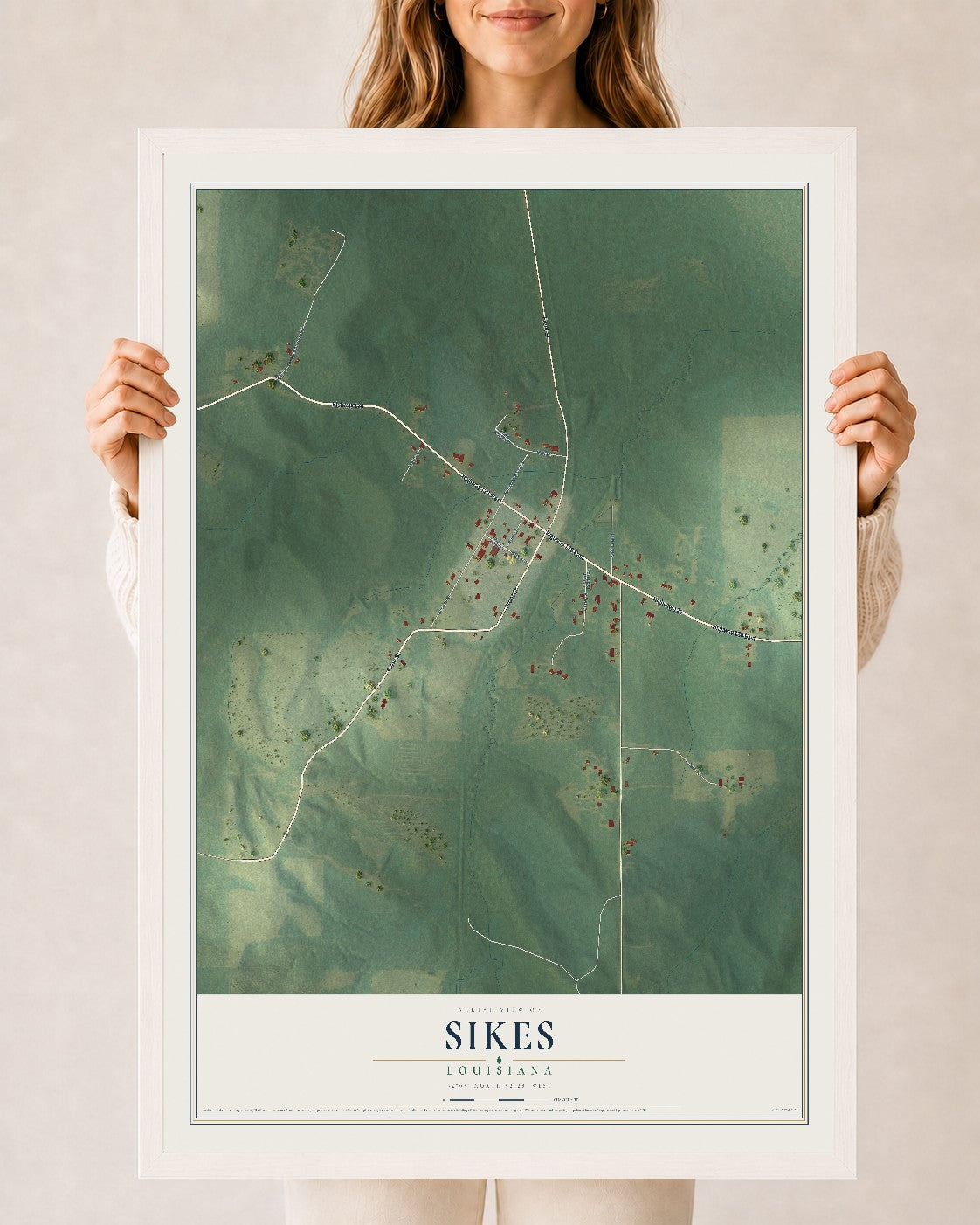 Map of Sikes, Louisiana, 24 x 36 inch print in a white wood frame
