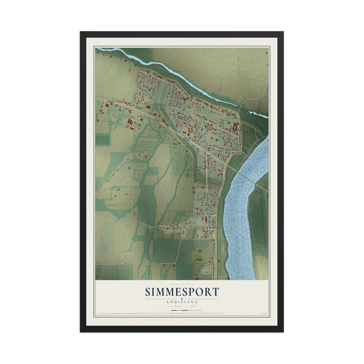 Map of Simmesport, Louisiana, 12 x 18 inch print in a black wood frame