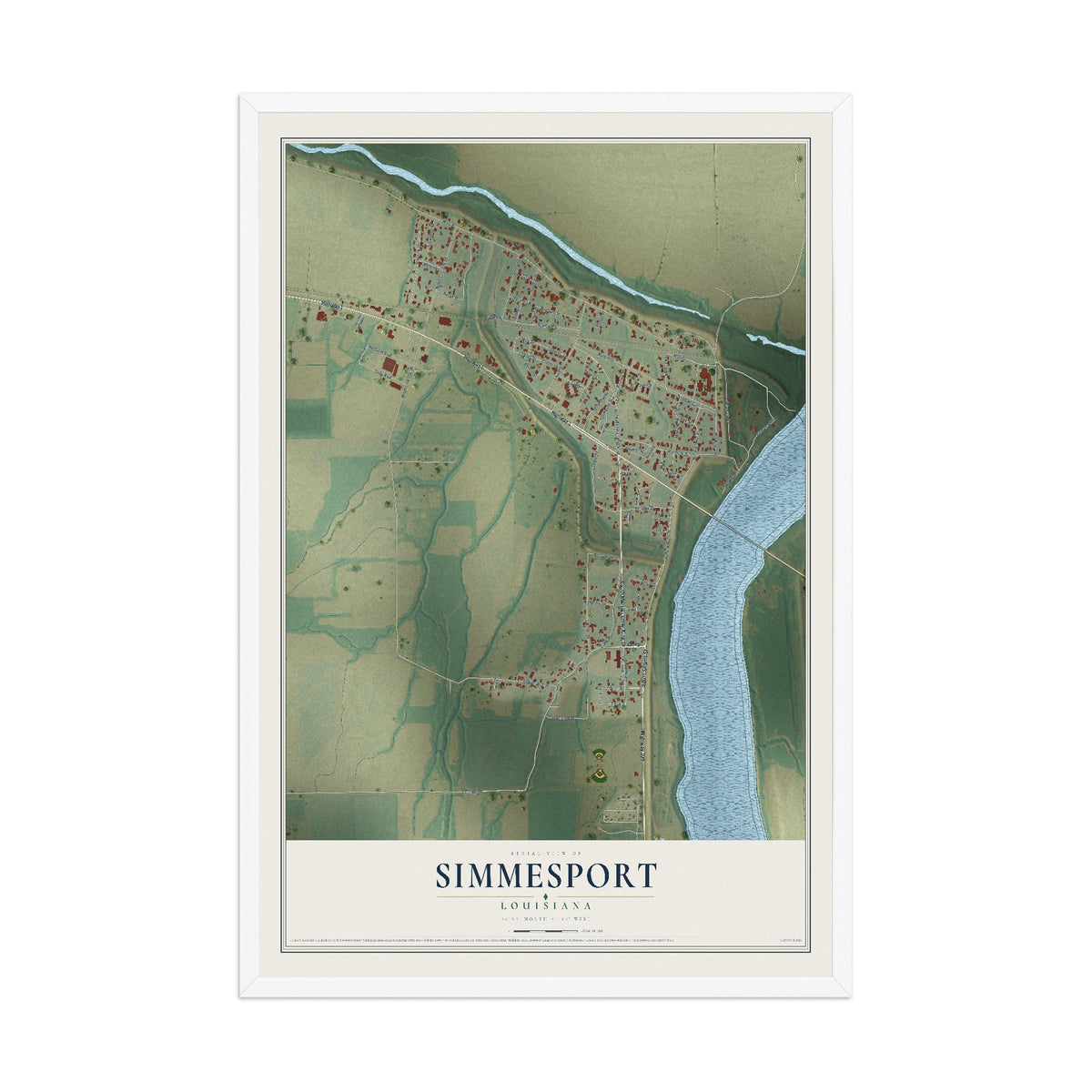 Map of Simmesport, Louisiana, 12 x 18 inch print in a white wood frame