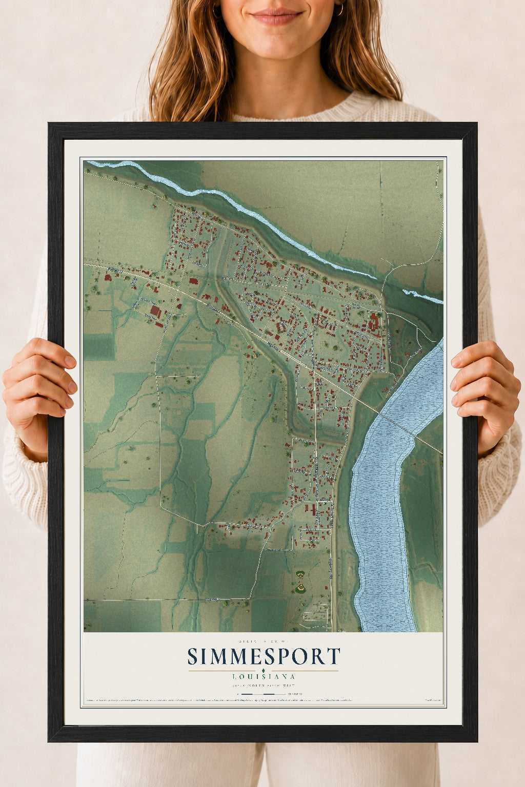 Map of Simmesport, Louisiana, 18 x 24 inch print in a black wood frame